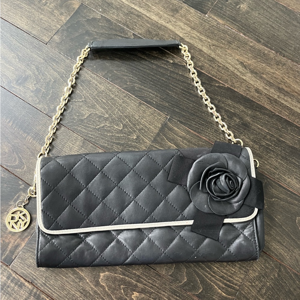 Donna Karan Black Quilted Clutch with Rose Accent
